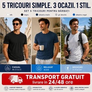 Set 5 Tricouri Bărbat Bumbac 100% | alb,negru,albastru marin gri deschis , si albastru regal | Transport Gratuit - Img 7