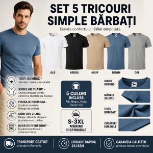 Set 5 Tricouri Bărbați 100% Bumbac – Alb, Negru, Nisip, Denim și Gri | S-3XL - Img 5