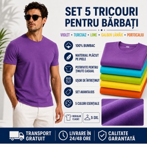 Set 5 Tricouri Bărbați 100% Bumbac – violet, turcoaz, lime, galben lamaie , portocaliu, - Img 7