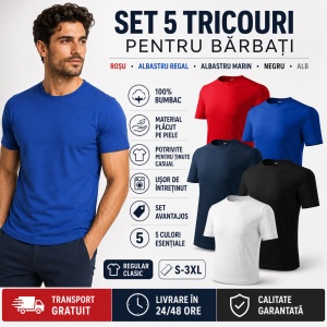 Set 5 tricouri bumbac 100% simplu clasic, Alb, Negru, Albastru Marin, Rosu, Albastru - Img 9