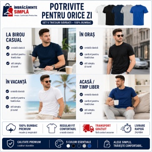 Set 5 tricouri bumbac 100% simplu clasic pentru barbati, Alb, Negru, Albastru Marin, Gri, Albastru-132 - Img 6