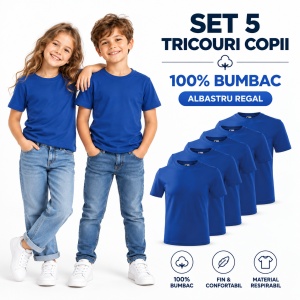 Set 5 Tricouri Copii Albastru Regal, 100% Bumbac, pentru Băiat și Fată, Școală, Sport și Joacă