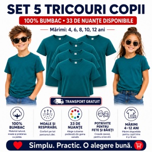 Set 5 tricouri copii din bumbac 100% – fete și băieți, 33 nuanțe disponibile - Img 7