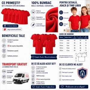 Set 5 Tricouri Copii din Bumbac 100% – Mânecă Scurtă, 33 Nuanțe, Fete și Băieți - Img 2
