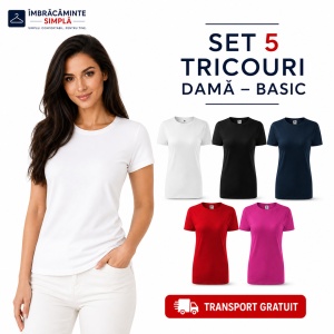 Set 5 Tricouri Damă Basic 100% Bumbac – Roșu, Purpuriu, Albastru Marin, Negru și Alb