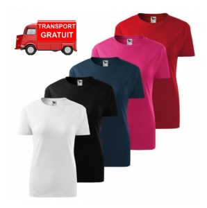 Imagine de prezentare pentru set 5 tricouri dama din bumbac si culorile disponibile alb, albastru, rosu, purpuriu, negru