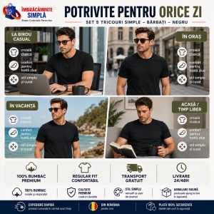 Set 5 tricouri negre din bumbac 100%, clasic si lejer la purtare pentru barbati, Negru P73 - Img 7