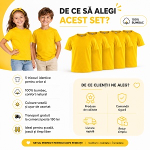 Set 5 tricouri pentru copii, din bumbac 100% | Culoare Galben - Img 7