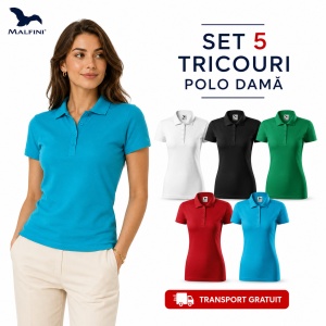Set 5 Tricouri Polo Damă Malfini, 100% Bumbac – Alb, Negru, Verde, Roșu, Turcoaz