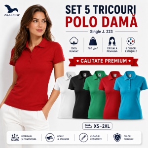 Set 5 Tricouri Polo Damă Malfini, 100% Bumbac – Alb, Negru, Verde, Roșu, Turcoaz - Img 11