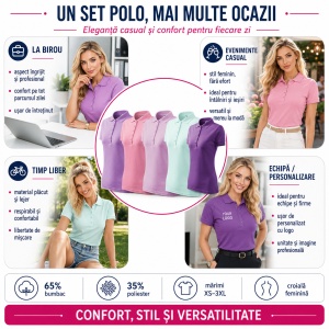 Set 5 Tricouri Polo Damă Malfini 210, Pique – Purpuriu, Roz, Orchid, Frost și Violet - Img 6