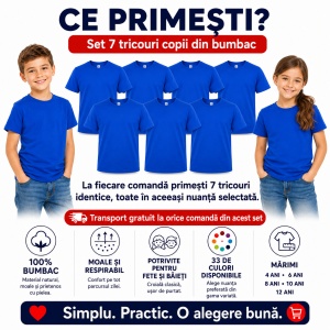 Set 7 Tricouri Copii din Bumbac 100% – Mânecă Scurtă, 33 Nuanțe, Fete și Băieți - Img 8
