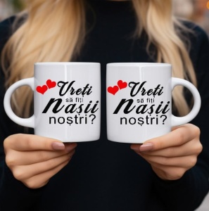 Set cadou 2 cani personalizate cu Vreti sa fiti Nasii nostrii?