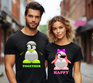 Un bărbat și o femeie purtând tricouri negre cu design de pinguini. Tricoul bărbatului afișează un pinguin cu mesajul 'TOGETHER', iar tricoul femeii prezintă un pinguin roz cu fundiță și mesajul 'HAPPY'. Cuplul pozează într-un decor urban luminos.