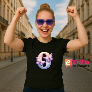 Tricou Alfabet Cifra 0 cu fluturi colorati, stele aurii, flori colorate, Negru, Unisex Dama si Barbat | Copii - Img 3