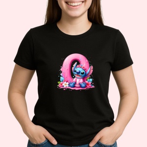 Tricou Alfabet Cifra 0 cu Stitch Roz fericit, explozie de culori, Negru, Unisex Dama si Barbat | Copii