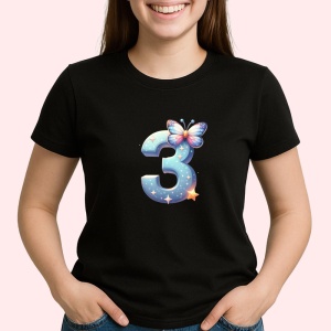 Tricou Alfabet Cifra 3 cu fluturi colorati, stele aurii, flori colorate, Negru, Unisex Dama si Barbat | Copii