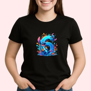 Tricou Alfabet Cifra 6 cu Lilo si Stitch albastru, veselie mare, Negru, Unisex Dama si Barbat | Copii