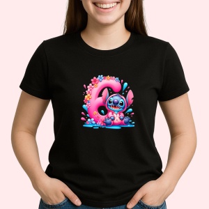 Tricou Alfabet Cifra 6 cu Stitch Roz fericit, explozie de culori, Negru, Unisex Dama si Barbat | Copii