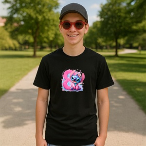 Tricou Alfabet Cifra 8 cu Lilo si Stitch albastru, veselie mare, Negru, Unisex Dama si Barbat | Copii - Img 7