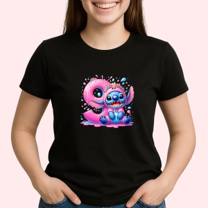 Tricou Alfabet CIfra 9 cu Lilo si Stitch albastru, veselie mare, Negru, Unisex Dama si Barbat | Copii - Img 2
