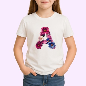 Tricou Alfabet Litera A cu flori, margarete, flori colorate, Alb, Unisex Dama si Barbat | Copii - Img 2