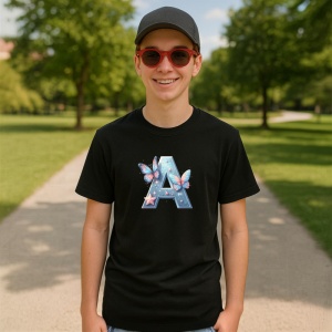 Tricou Alfabet Litera A cu fluturi colorati, stele aurii, flori colorate, Negru, Unisex Dama si Barbat | Copii - Img 4