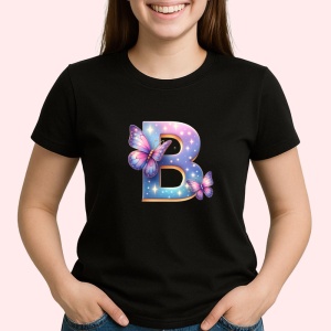 Tricou Alfabet Litera B cu flori, margarete, flori colorate, Negru, Unisex Dama si Barbat | Copii - Img 2