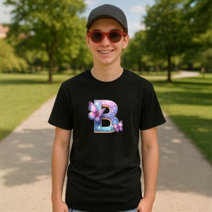 Tricou Alfabet Litera B cu flori, margarete, flori colorate, Negru, Unisex Dama si Barbat | Copii - Img 7
