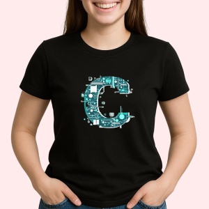 Tricou Alfabet Litera C cu circuite, cyber, tehnologie, Negru, Unisex Dama si Barbat | Copii - Img 1