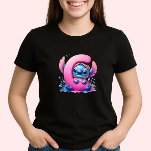Tricou Alfabet Litera C cu Stitch Roz fericit, explozie de culori, Negru, Unisex Dama si Barbat | Copii