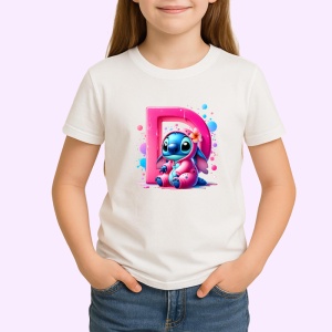 Tricou Alfabet Litera D cu Stitch Roz fericit, explozie de culori, Alb, Unisex Dama si Barbat | Copii - Img 2