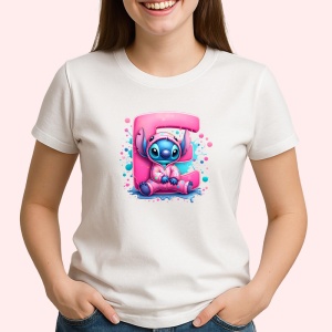 Tricou Alfabet Litera E cu Stitch Roz fericit, explozie de culori, Alb, Unisex Dama si Barbat | Copii
