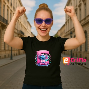 Tricou Alfabet Litera E cu Stitch Roz fericit, explozie de culori, Negru, Unisex Dama si Barbat | Copii - Img 3