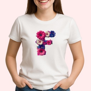 Tricou Alfabet Litera F cu flori, margarete, flori colorate, Alb, Unisex Dama si Barbat | Copii
