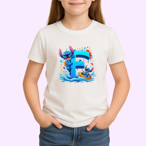 Tricou Alfabet Litera F cu Lilo si Stitch albastru, veselie mare, Alb, Unisex Dama si Barbat | Copii - Img 2