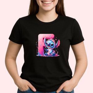 Tricou Alfabet Litera F cu Stitch Roz fericit, explozie de culori, Negru, Unisex Dama si Barbat | Copii