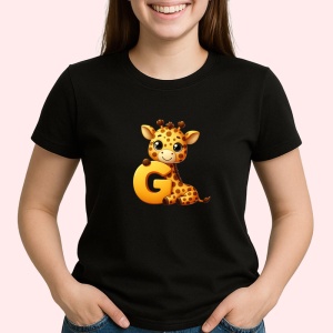 Tricou Alfabet Litera G cu animal Giraffe Girafa, Negru, Unisex Dama si Barbat | Copii