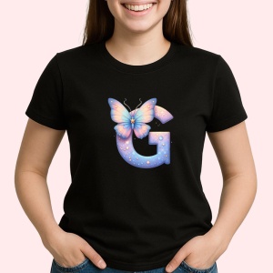 Tricou Alfabet Litera G cu fluturi colorati, stele aurii, flori colorate, Negru, Unisex Dama si Barbat | Copii