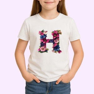 Tricou Alfabet Litera H cu flori, margarete, flori colorate, Alb, Unisex Dama si Barbat | Copii - Img 2