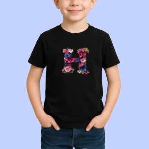 Tricou Alfabet Litera H cu flori, margarete, flori colorate, Negru, Unisex Dama si Barbat | Copii - Img 2