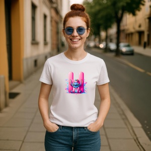 Tricou Alfabet Litera H cu Stitch Roz fericit, explozie de culori, Alb, Unisex Dama si Barbat | Copii - Img 3