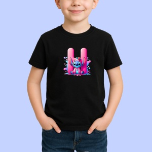 Tricou Alfabet Litera H cu Stitch Roz fericit, explozie de culori, Negru, Unisex Dama si Barbat | Copii - Img 2