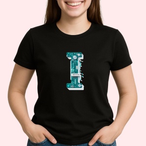 Tricou Alfabet Litera I cu circuite, cyber, tehnologie, Negru, Unisex Dama si Barbat | Copii