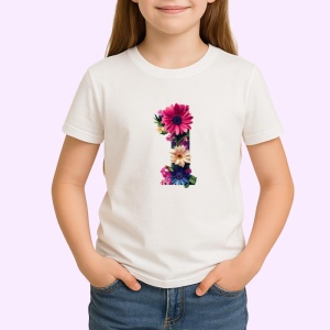 Tricou Alfabet Litera I cu flori, margarete, flori colorate, Alb, Unisex Dama si Barbat | Copii - Img 2