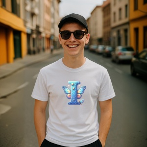 Tricou Alfabet Litera I cu fluturi colorati, stele aurii, flori colorate, Alb, Unisex Dama si Barbat | Copii - Img 4