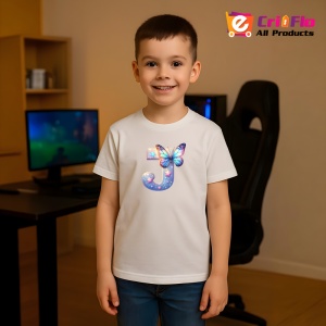Tricou Alfabet Litera J cu fluturi colorati, stele aurii, flori colorate, Alb, Unisex Dama si Barbat | Copii - Img 7