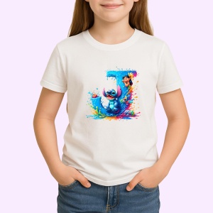 Tricou Alfabet Litera J cu Lilo si Stitch albastru, veselie mare, Alb, Unisex Dama si Barbat | Copii - Img 2