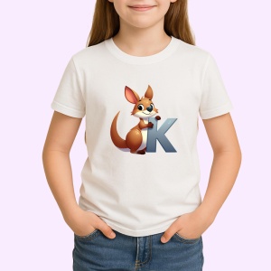 Tricou Alfabet Litera K cu animal Kangaroo Kangur , Alb, Unisex Dama si Barbat | Copii