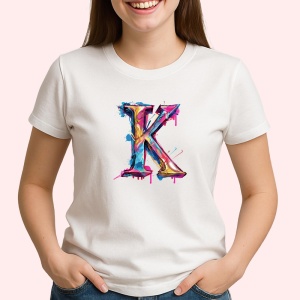 Tricou Alfabet Litera K cu graffiti, design exploziv, arta urbana, Alb, Unisex Dama si Barbat | Copii